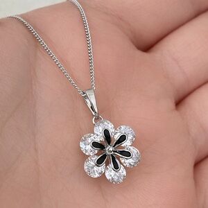 Flower Necklace | Platinum Plated Elegant Black Enamel Dainty Jewelry